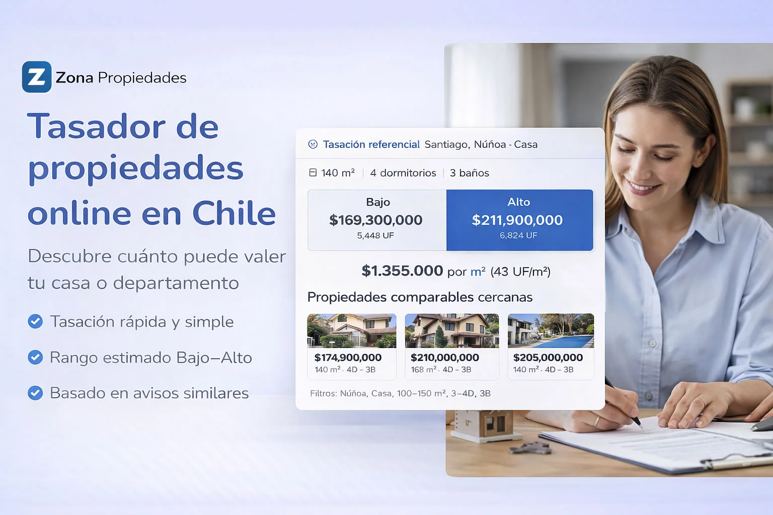 Tasador de propiedades online en Chile: estimación Bajo–Alto, precio por m² y comparables