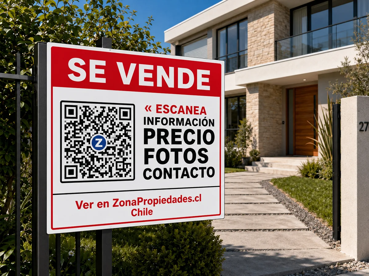 Cartel QR para propiedades instalado en el patio de una casa en venta para escanear precio, fotos y contacto en ZonaPropiedades.cl