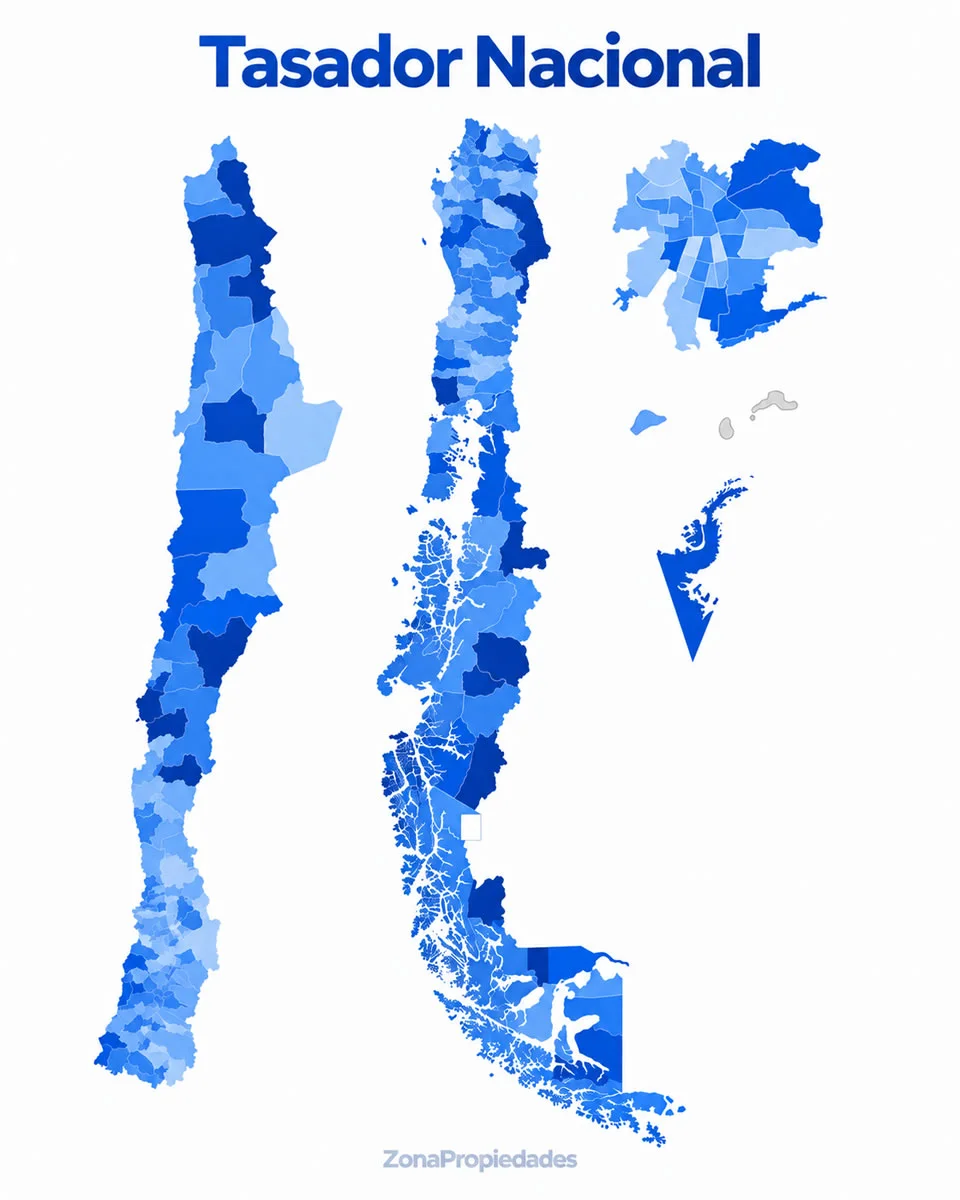 Tasador Nacional de Propiedades: mapa ilustrativo de Chile en diferentes tonos azules
