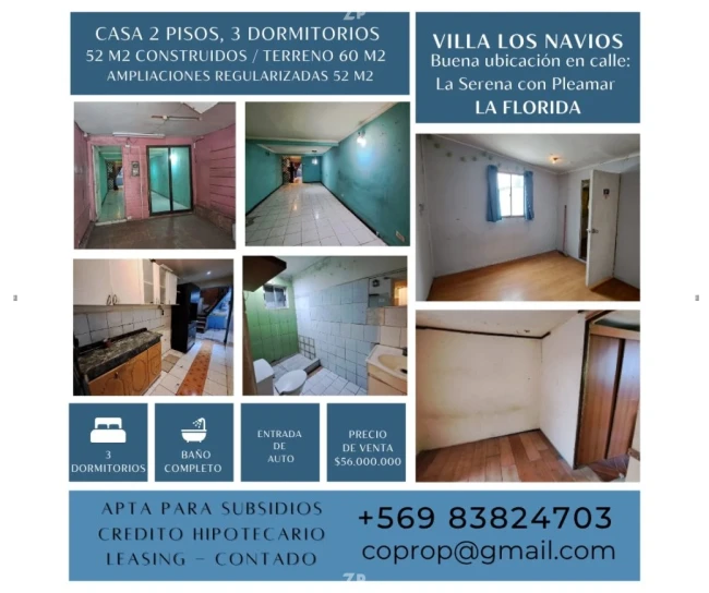 Venta de casa  3 dormitorios, 52/66 metros cuadrados