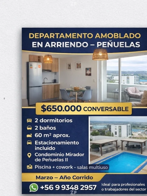 Arriendo depto amoblado 2D-2B | Piso 6 vista despejada | Estacionamiento | Peñue