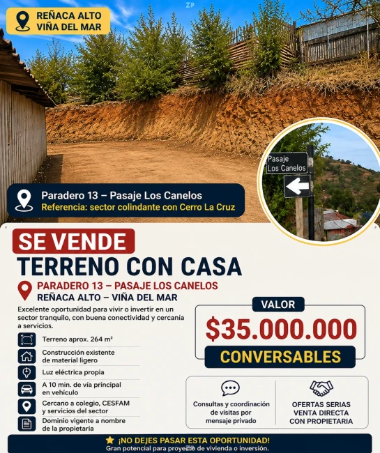 SE VENDE TERRENO CON CASA – REÑACA ALTO, VIÑA DEL MAR