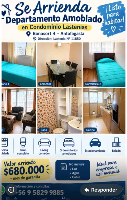 Arriendo de departamento en bonasort 4 amoblado sector norte de Antofagasta 