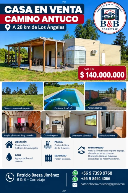 Venta de Parcela con Casa y piscina Camino Antuco a 28km de Los Angeles.