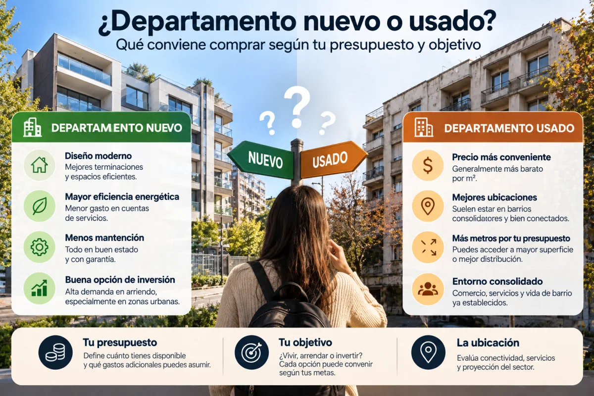Comparación entre un departamento nuevo y uno usado antes de comprar en Chile