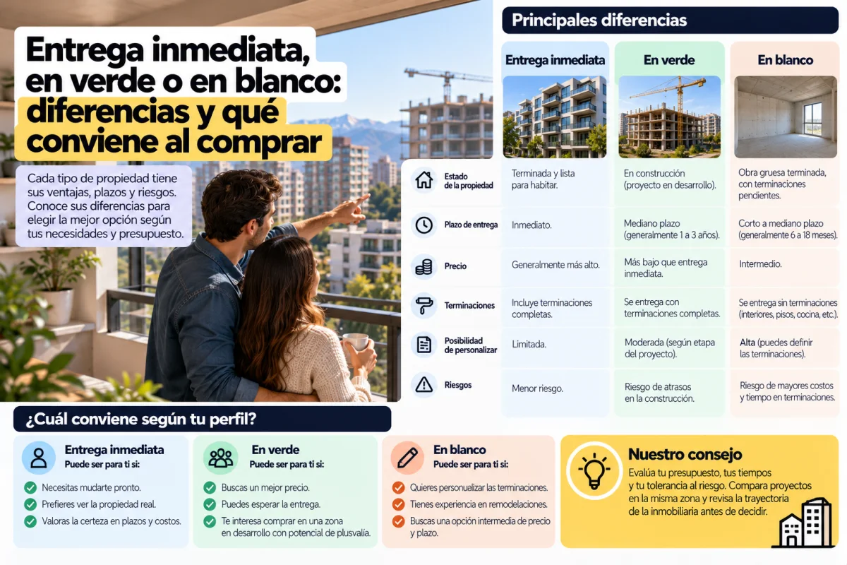 Etapas de compra de vivienda: entrega inmediata, en verde y en blanco