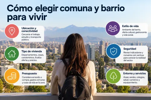 Mapa de una comuna con transporte, áreas verdes, colegios y servicios