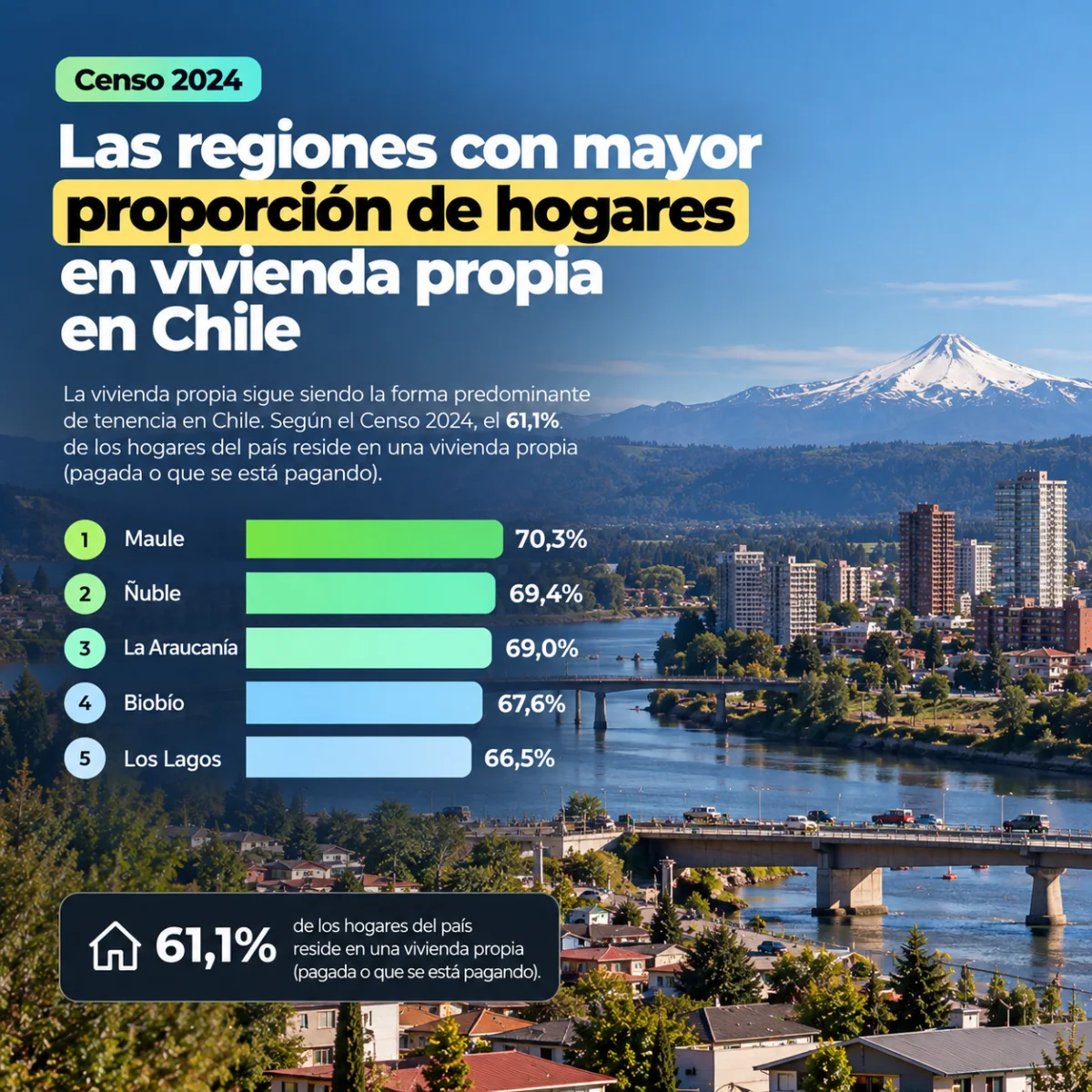 Regiones de Chile con mayor proporción de hogares en vivienda propia